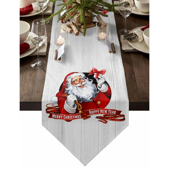 Table Runner Dresser Scarves Merry Christmas Santa Claus Cotton Linen Burlap Table Cover Vintage Rustic Wooden Plank Table Runners for Family Kitchen Dining Holiday Party Banquet Decor