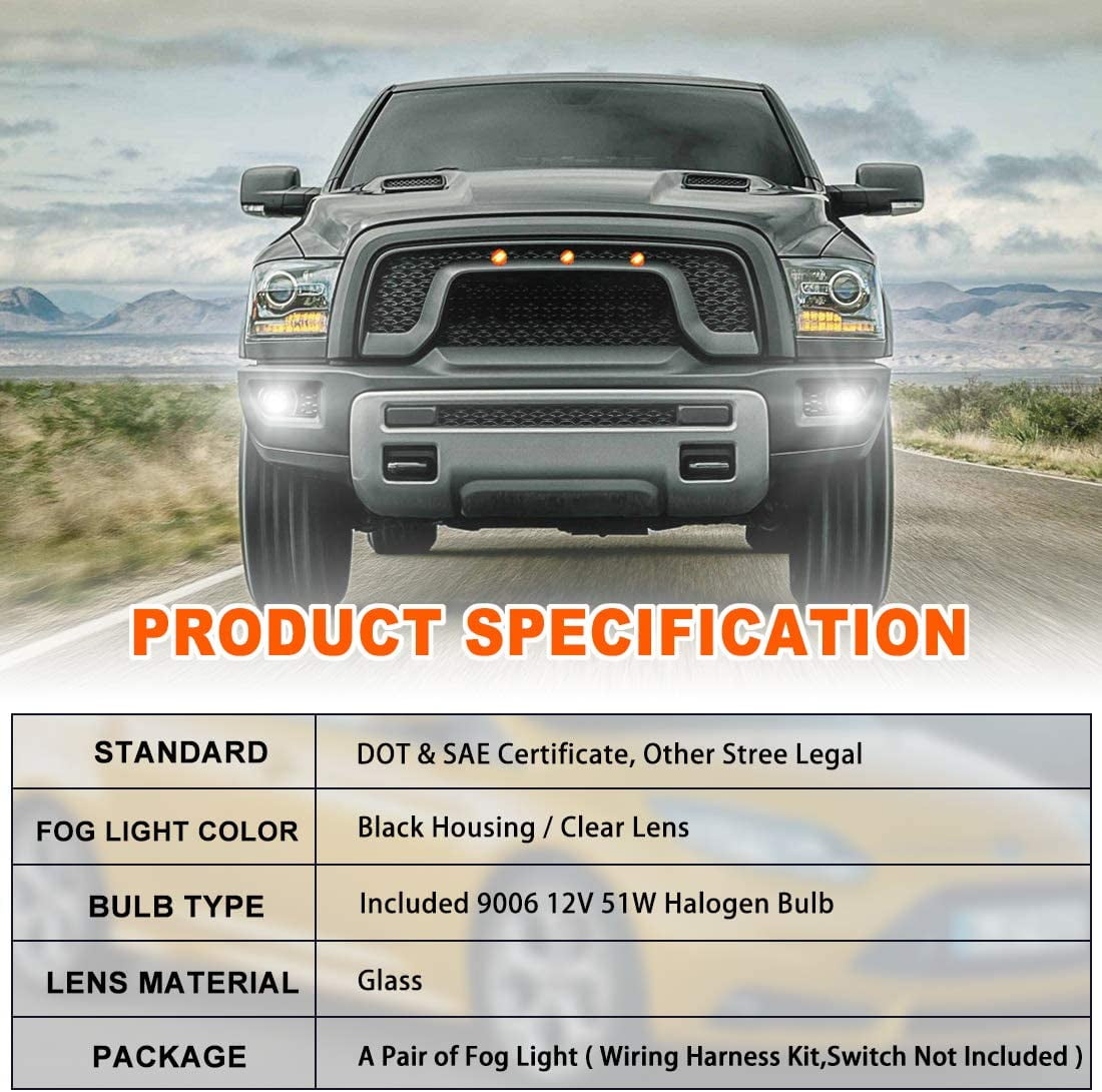 For 2013-2018 Dodge Ram 1500 Fog Lights Bumper Driving Lamps Clear Lens Pair