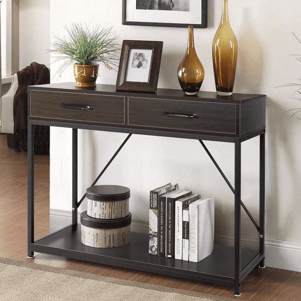 Amzdeal Industrial Console Sofa Table, Large Black Console Table With Drawers