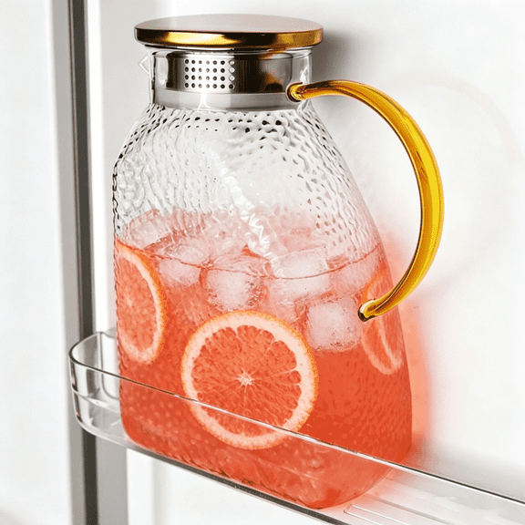 64oz Glass Water Pitcher with Gold Handle & Lid, Hammered Borosilicate Glass Carafe for Fridge, Iced Tea, Juice, Lemonade