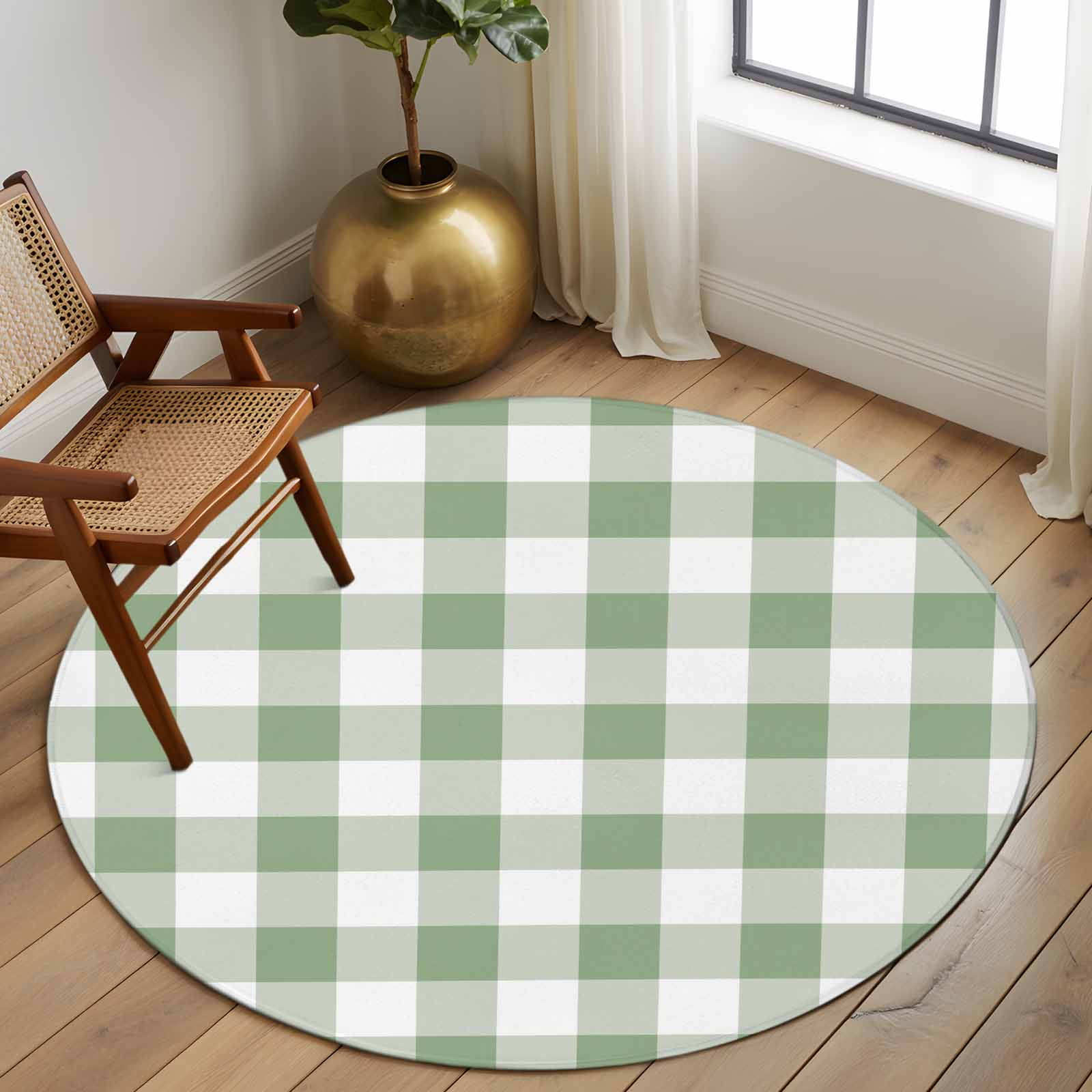 Round Area Rug 8Ft, Sage Green Checkered Non-slip Area Rugs Carpet for Living Room/Bedroom/Bathroom/Kitchen, Farmhouse Buffalo Plaid Washable Throw Floor Mat Indoor Outdoor Entrance Doormat