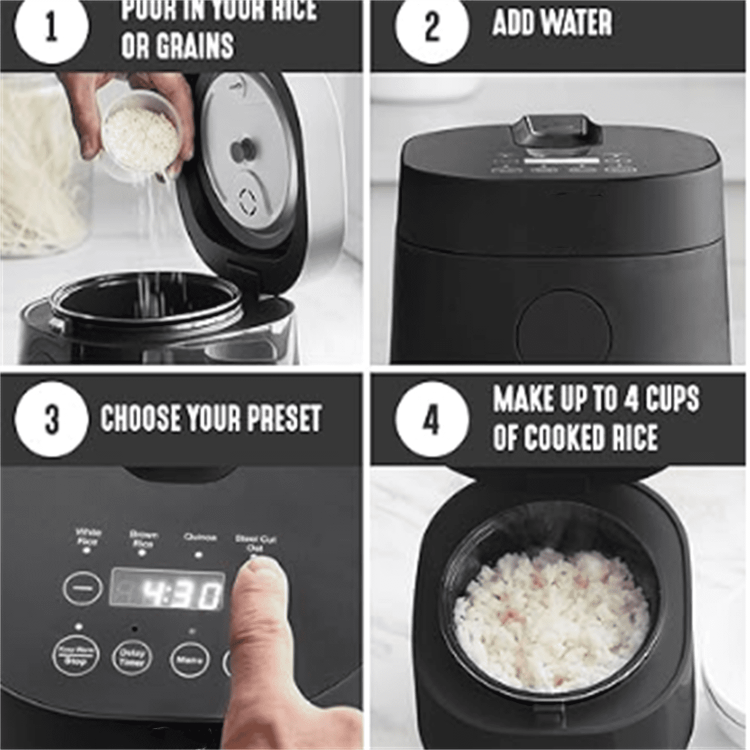 Digital Rice Cooker, 2-Cups Uncooked/4-Cups Cooked, Removable Nonstick Ceramic PFAS-Free Pot, One-Touch Presets, Oats, Quinoa, Brown Rice, Auto Keep Warm, Fuzzy Logic Tech, 1.5QT, Black