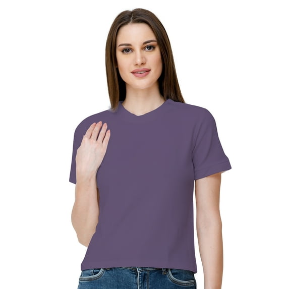eloria Women's Lycra Round Neck Slim Fitted Basic Tee Tops Short Sleeve T-Shirt, Color : Violet