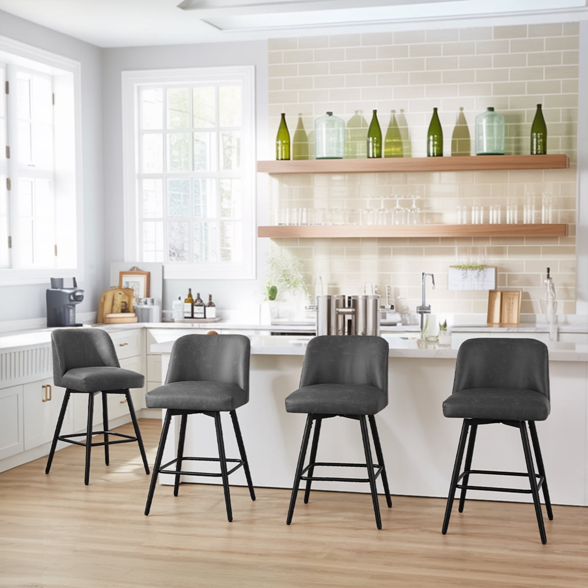 Modern Bar Stools Set of 4, 26" H Swivel Counter Height Barstools with High Backs, Kitchen Island Stools, For Bar & Home,Faux Leather, Grey
