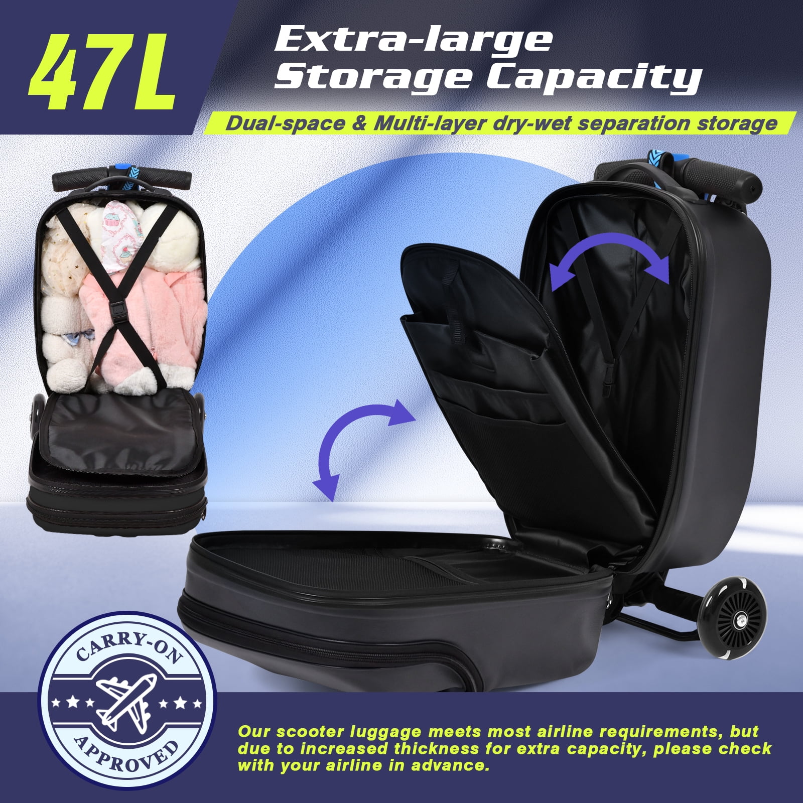 Advwin Scooter Suitcase with Top Opening & LED Light-up Wheel, Lightweight Hardshell Foldable Ride-On Luggage with Adjustable Handle for Travel, Black
