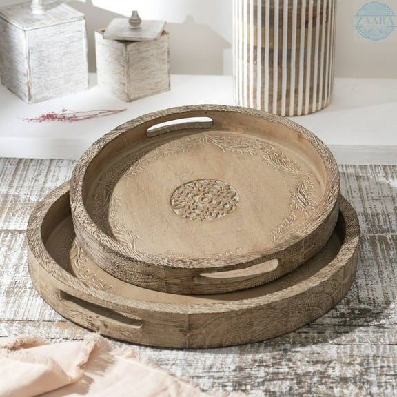 Rustic 18" Round Mango Wood Serving Tray | Natural Brown | Premium Solid Wood for Kitchen & Dining | India Origin | Stylish Entertaining Decor