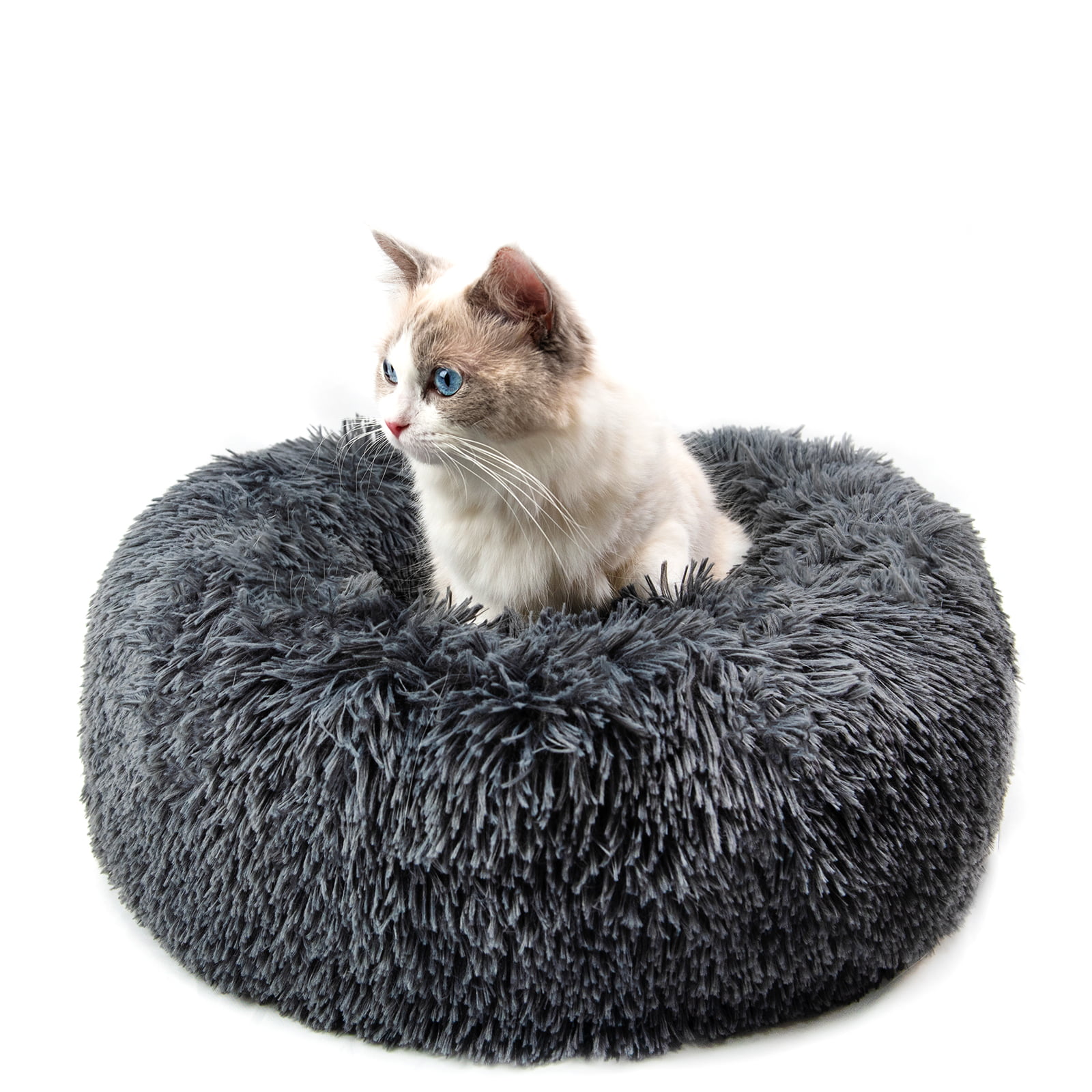 Calming Dog Cat Donut Bed Fluffy Plush Puppy Kitten Cuddler Round Bed L 23.6in, Grey Warm and Soft Pet Cosy Anti Anxiety Beds with Non-Slip Bottom and Washable 