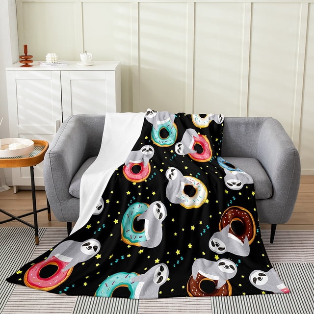 Erosebridal Grey Sloth Animal Flannel Blanket, Donut Dessert Sherpa Throw, StarsRoom Decor
