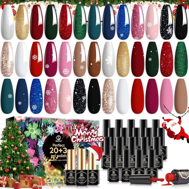 MEFA Kit de esmalte de uñas de gel con luz UV – 32 colores popular juego de esmalte de gel para todas las estaciones con base y capa superior mate/brillante para manicura, herramientas esenciales para