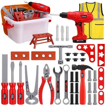 sixwipe Kids Toy Tool Set, 43 Pcs Pretend Play Toddler Tool with Toy Tool Box and Electronic Toy Drill, Kids Construction Kits with Clothes, Birthday Gift for Kids Boy Girl Age 3-8