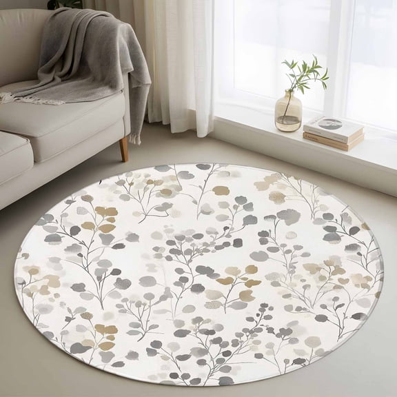 Grey Brown Botanical Round Rug 3.3ft Washable Circle Entryway Rugs Non Slip Summer Leaf Watercolor Area Rug Indoor Floor Carpet for Bedroom Kitchen Living Room Home Office Dining Room Nursery
