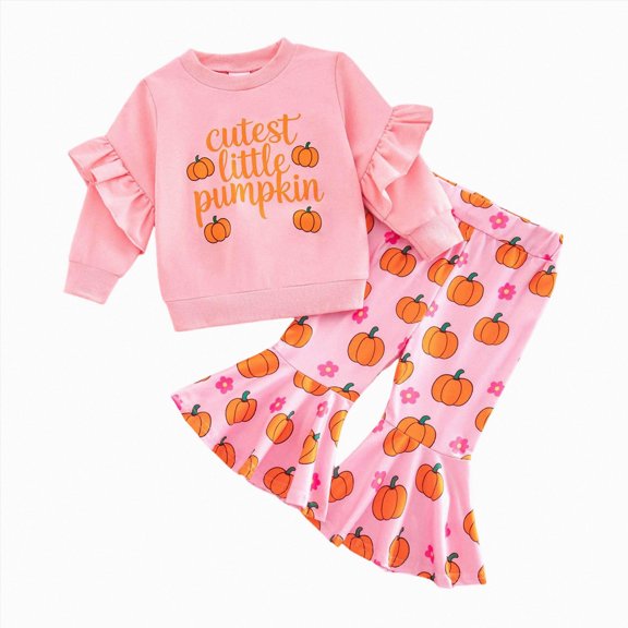 Xyant Toddler Baby Girl Halloween Outfit Pumpkin Print Ruffle Long Sleeve Sweatshirt Flare Pants 2pcs Clothes Set (Red,18-24 Months)