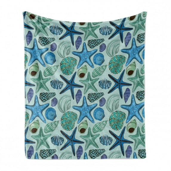 Starfish Soft Flannel Fleece Throw Blanket, Aquarium Inspired Composition Tropical Seashells and Scallops Cockles and Clams, Cozy Plush for Indoor and Outdoor Use, 70" x 90", Multicolor, by Ambesonne