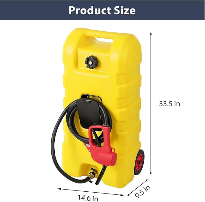 15 Gallon Fuel Caddy Portable Fuel Transfer Tank with LE Siphon Pump & 10ft Delivery Hose – Diesel & Gasoline Fuel Tank On Wheels for Cars, Lawn Mowers, ATVs & Boats - Yellow