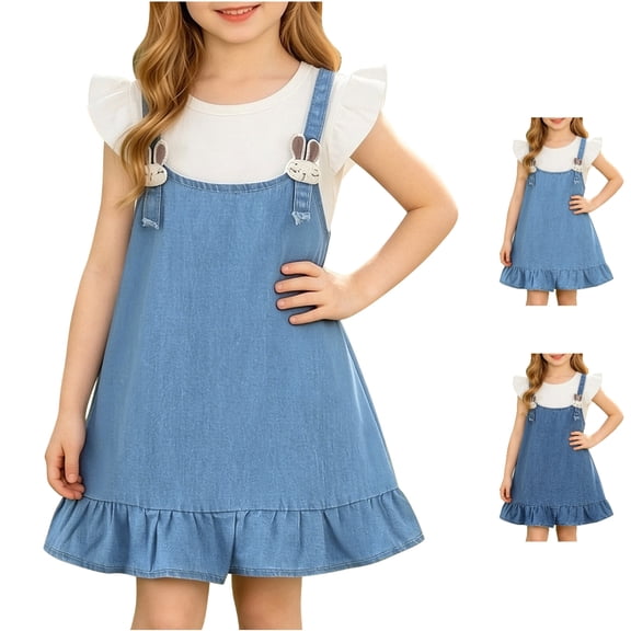 Afuyipoi Toddler Girls Casual Ruffle Sleeve Denim Dress (6 Months-4 Years) Summer Soft Cotton Cowboy Skirt A-Line Sundress for Photoshoot Light Blue 3T