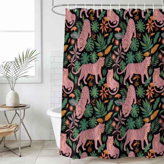 Tiger Leaves Waterproof Fabric Shower Curtain,Vintage Farmhouse Watercolor Animals Plants Waterproof Fabric Shower Curtain for Bathroom Bathtubs Shower Curtains with 12 Hooks Extra Long 72x96