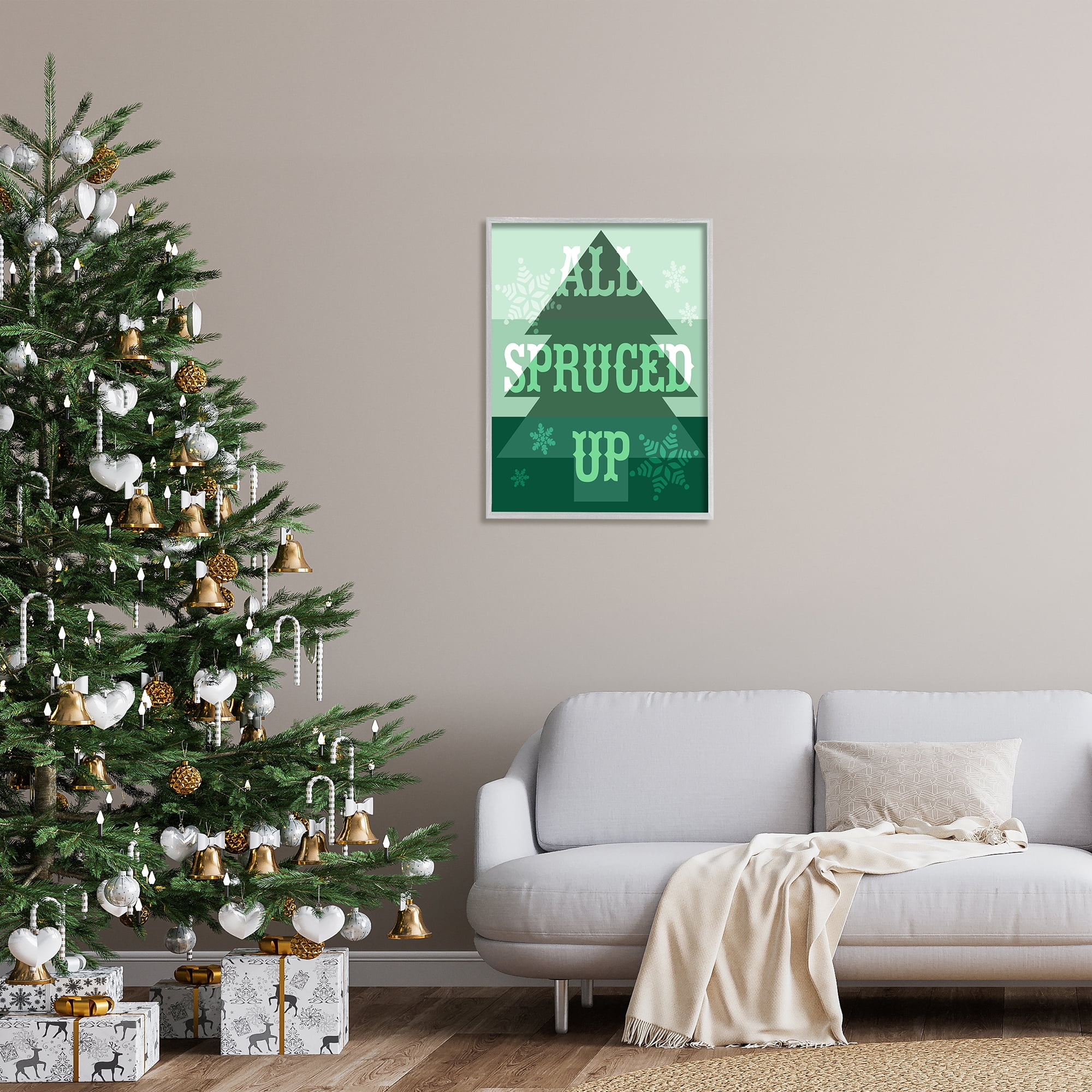 Stupell Industries All Spruced Up Holiday Pun Holiday Painting Gray Framed Art Print Wall Art, 24 x 30
