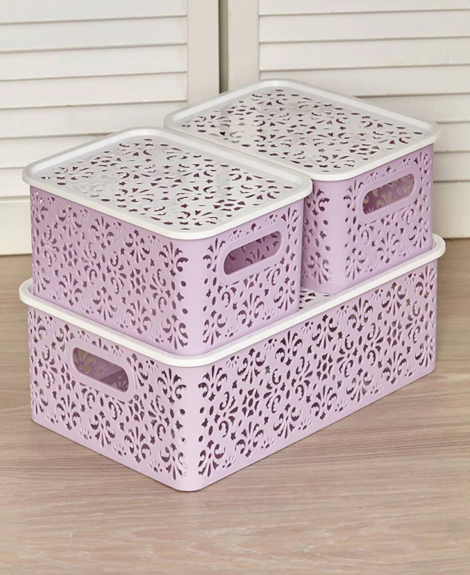 Sets of 3 Stackable Lace-Design Bins with Lids, The Lakeside Collection