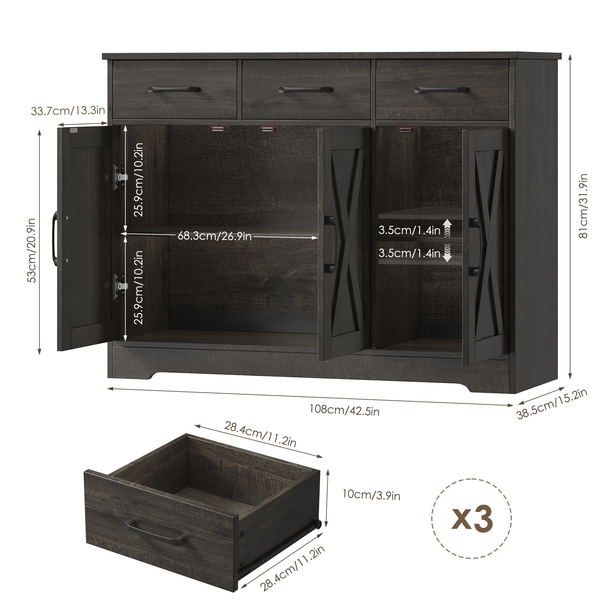 Homfa 42.5'' Kitchen Buffet Sideboard Cabinet, 3 Drawers Farmhouse Storage Cabinet with Adjustable Shelf, Dark Brown