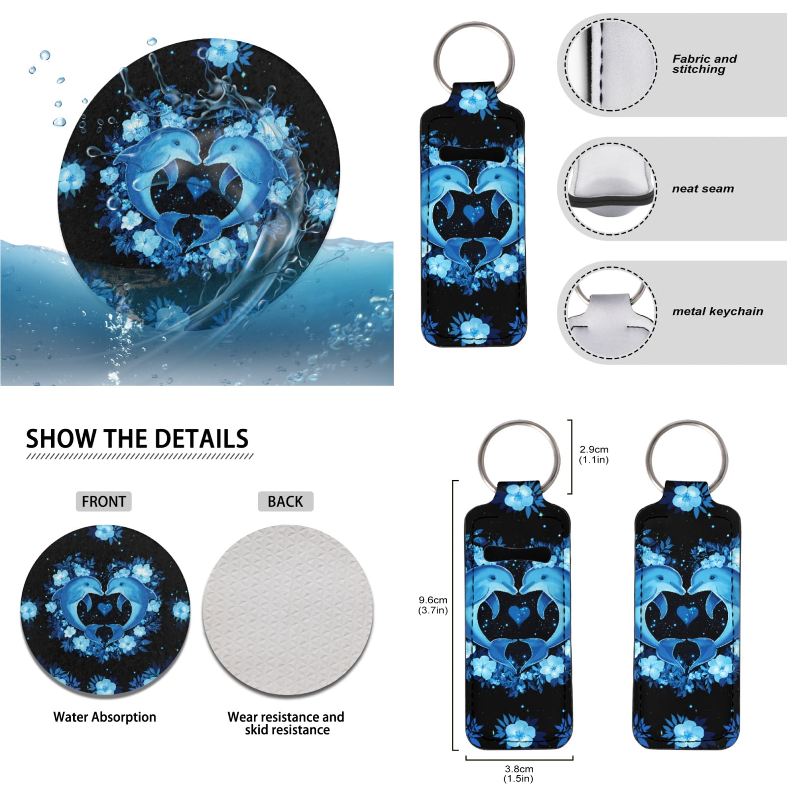 Jeiento Blue Dolphin Car Seat Cover Full Set for Men Woman Car Floor Mats Steering Wheel Cover Keychains Seatbelt Pad Armrest Cover Cup Coasters Lipstick Holder Interior Auto Accessory 17pcs