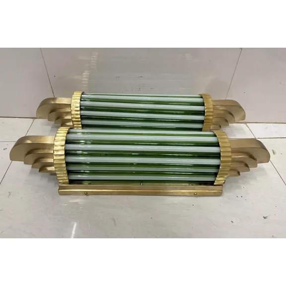 Pair of Art Deco Skyscraper Wall Sconces – Antique Brass & Green Milk Glass Lights (Set of 2)