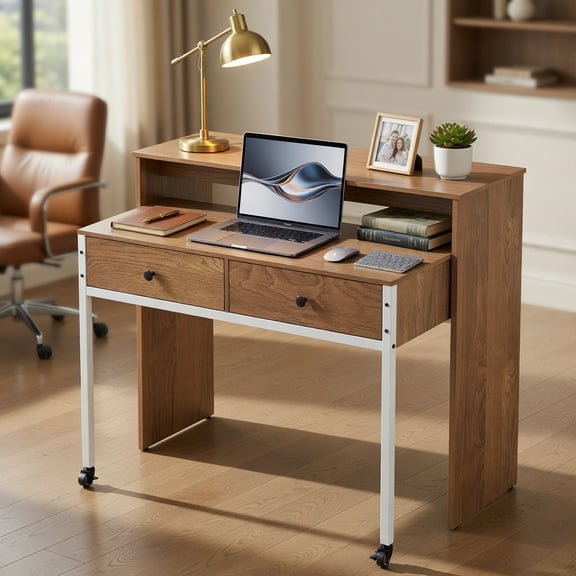 Topcobe Extendable Computer Desk with Pull Out Secondary Desk, Office Desk with Drawer, Makeup Vanity Table, Natural