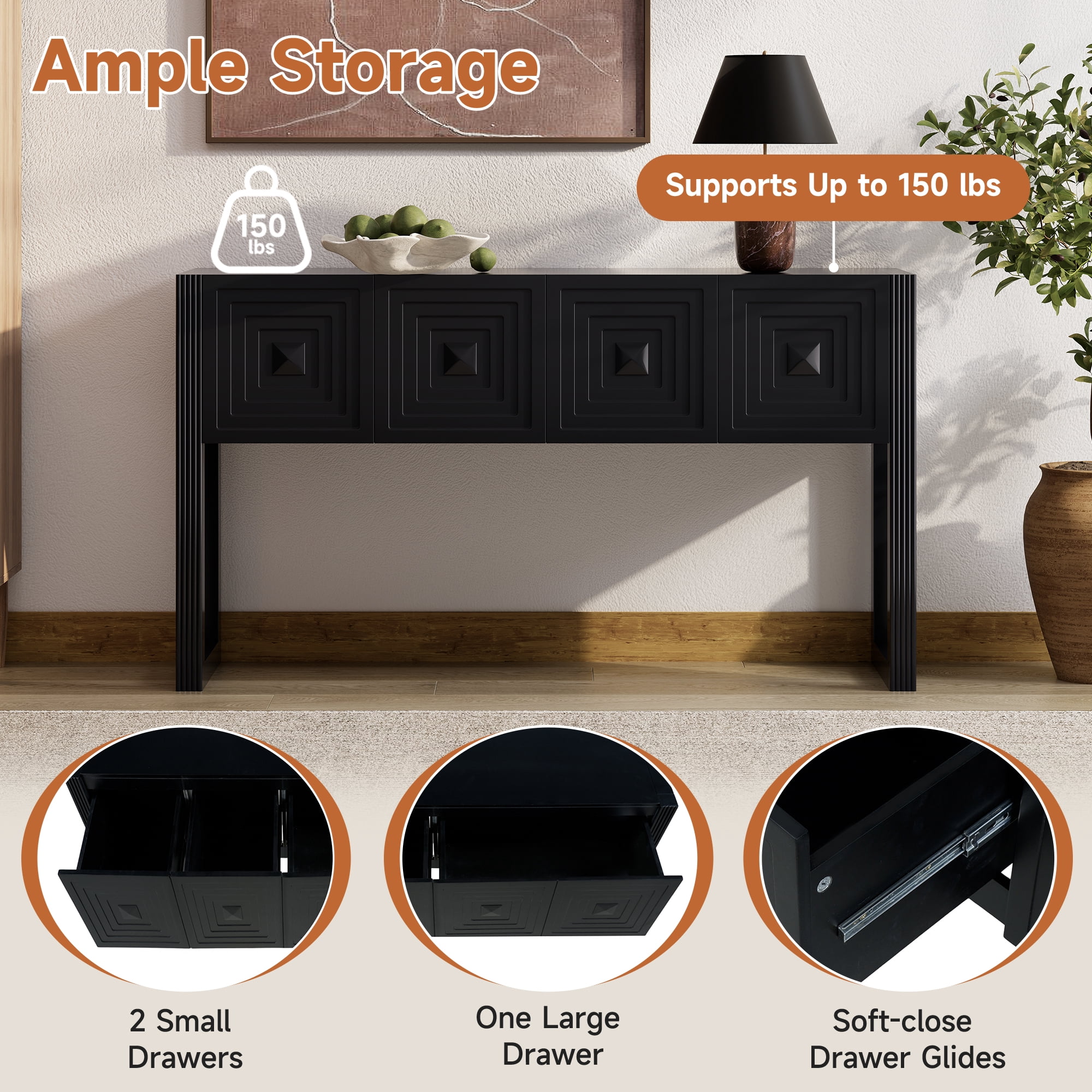 Mintazer Geometric Carved Console Table with 3 Soft-Close Drawers, Entryway Sofa Table for Living Room,Hallway, 54.9 x 14.7 x 31 inches, Black