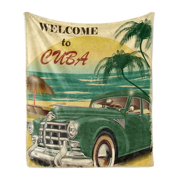 Retro Soft Flannel Fleece Throw Blanket, Nostalgic Welcome to Cuba Print Classic Car Beach Ocean Palm Trees, Cozy Plush for Indoor and Outdoor Use, 50" x 60", Green Cream Yellow, by Ambesonne