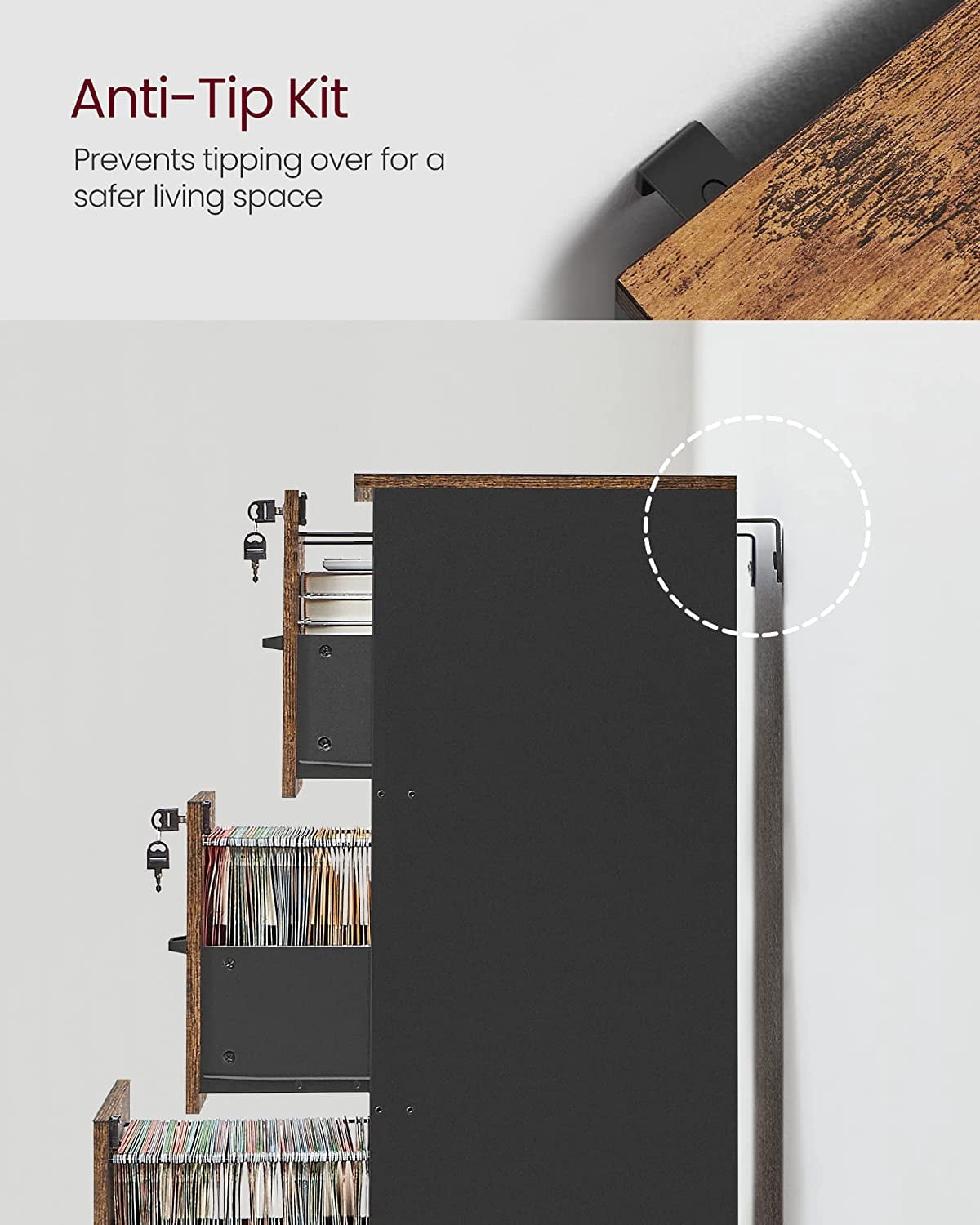 File Cabinet, Printer Stand with 3 Lockable Drawers, Adjustable Hanging Rails, Rustic Brown + Black
