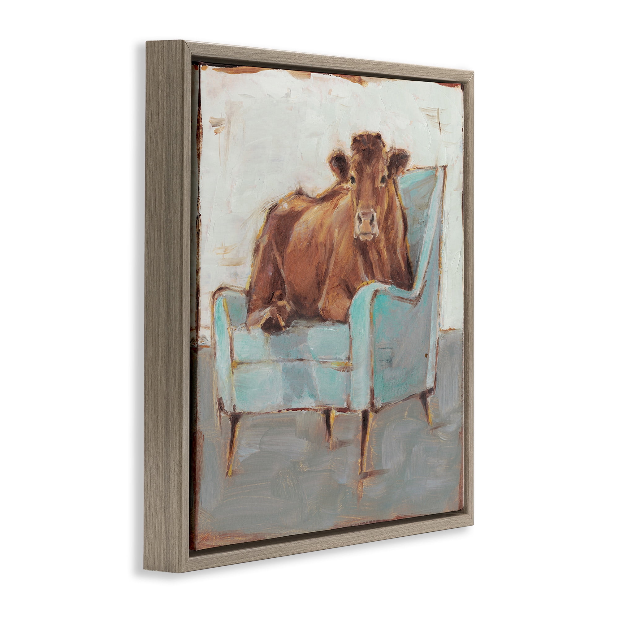 Stupell Industries Bull on Blue Couch Animals & Insects Painting Brown Floater Framed Canvas Art Print Wall Art, 18 x 18