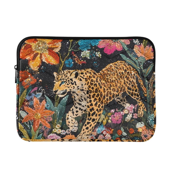 JIALIOU Laptop Sleeve Case with Zipper 13-13.3/15-16 Inch Compatible with MacBook HP Lenovo Dell ASUS Acer, Leopard Walking Through Flowers
