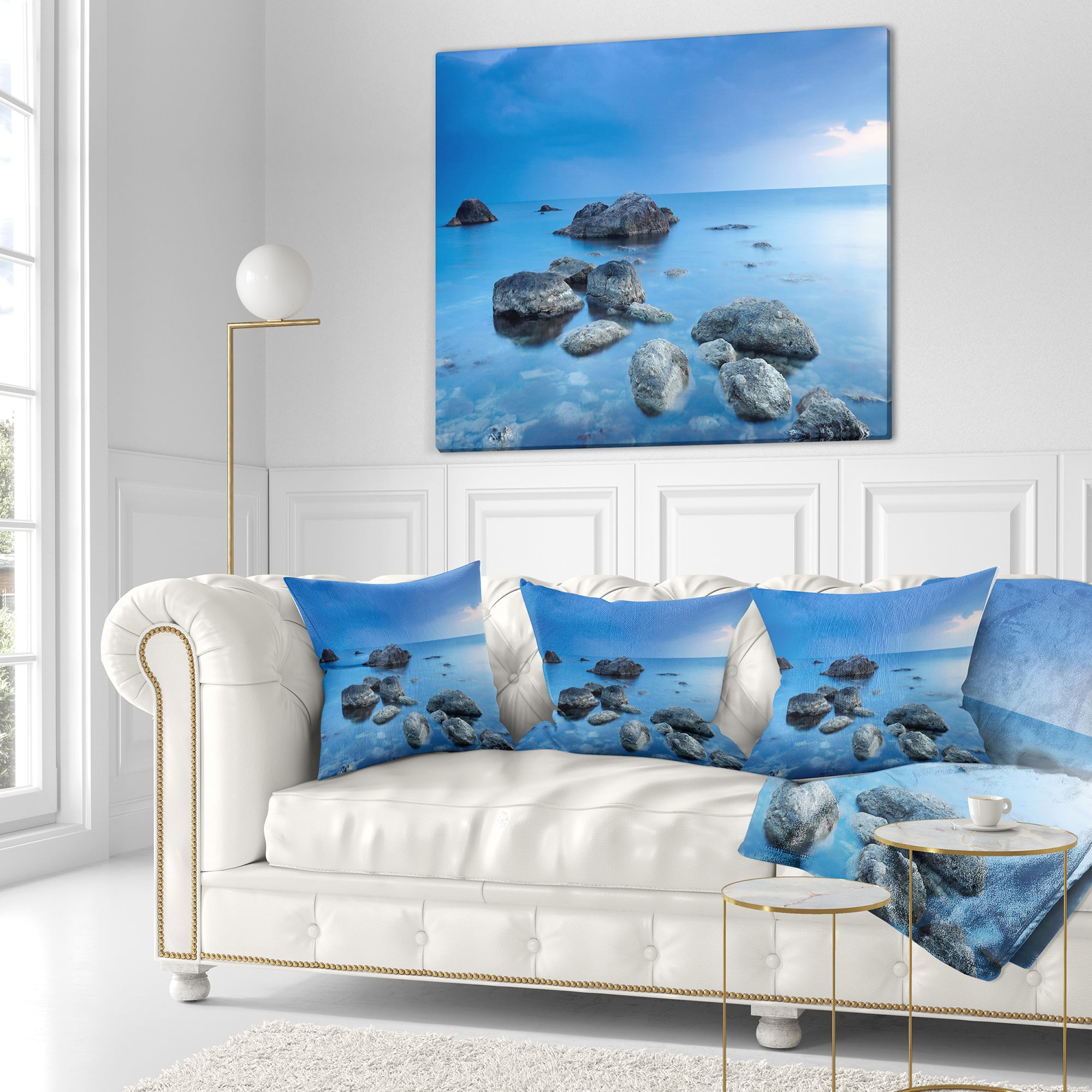 Designart Rocky Blue Sea - Seascape Photography Throw Pillow - 16x16