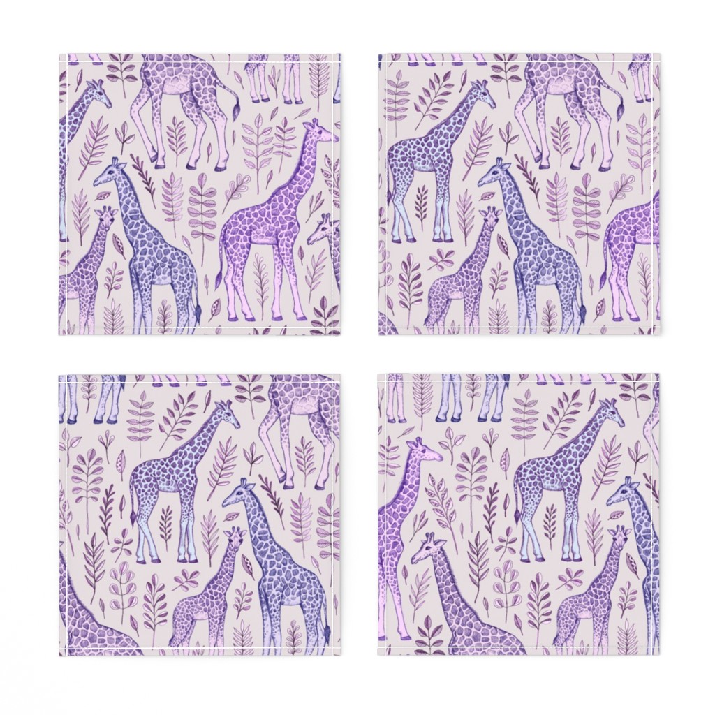 Linen Cotton Canvas Cocktail Napkins (Set of 4) Giraffe Purple Grey