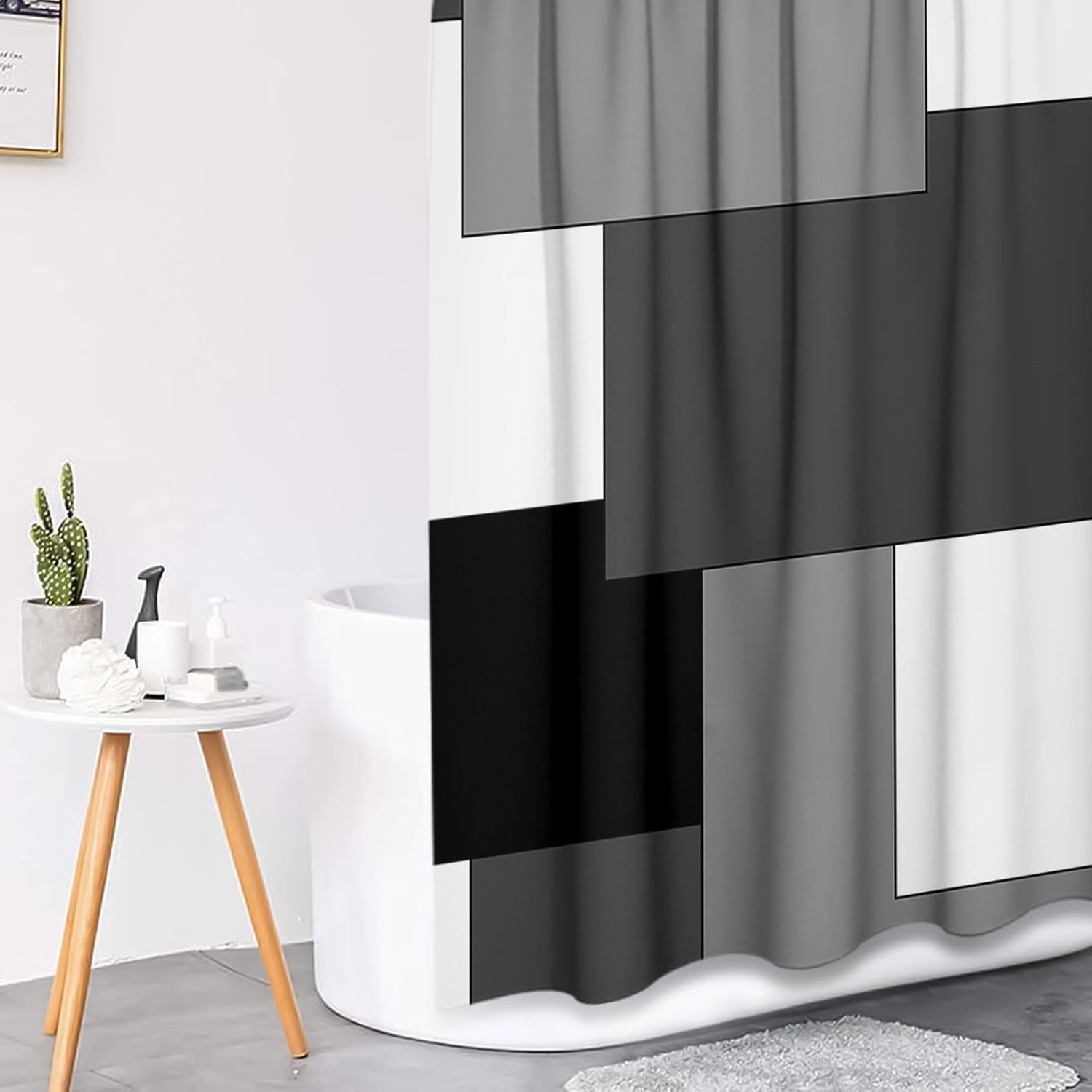 Grey Geometric Shower Curtain Set with Toilet Lid Cover and Non-Slip Rugs for Bathroom, Black White Checkered 4 Pcs Shower Curtain, Modern Abstract Bathroom Set with 12 Hooks