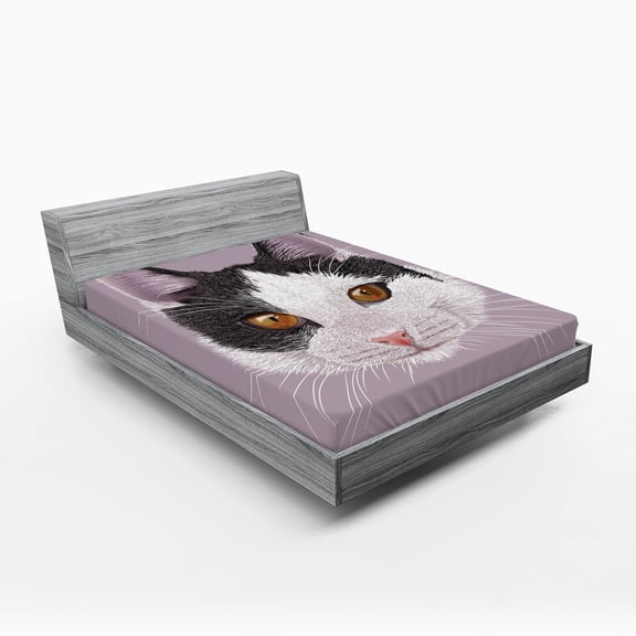 Ambesonne Animal Fitted Sheet, Pet Cat Kitty Portrait, King Size, Lilac Black White