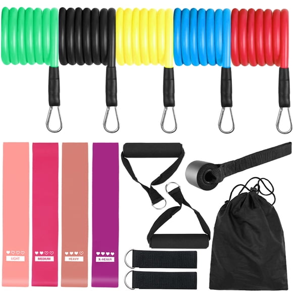 15Pcs Resistance Bands Set Workout Fitness Exercise Bands Loop Bands Tube Bands Door Anchor Ankle Straps Cushioned Handles with Carry Bags for Home Gym Travel