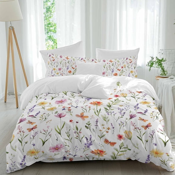 Wildflowers 4 Piece Duvet Cover Set Twin Size Colorful Spring Floral Botanical Flower Plants Soft Bedding Set Comforter Cover, 1 Duvet Cover 1 Flat Sheets and 2 Pillowcases