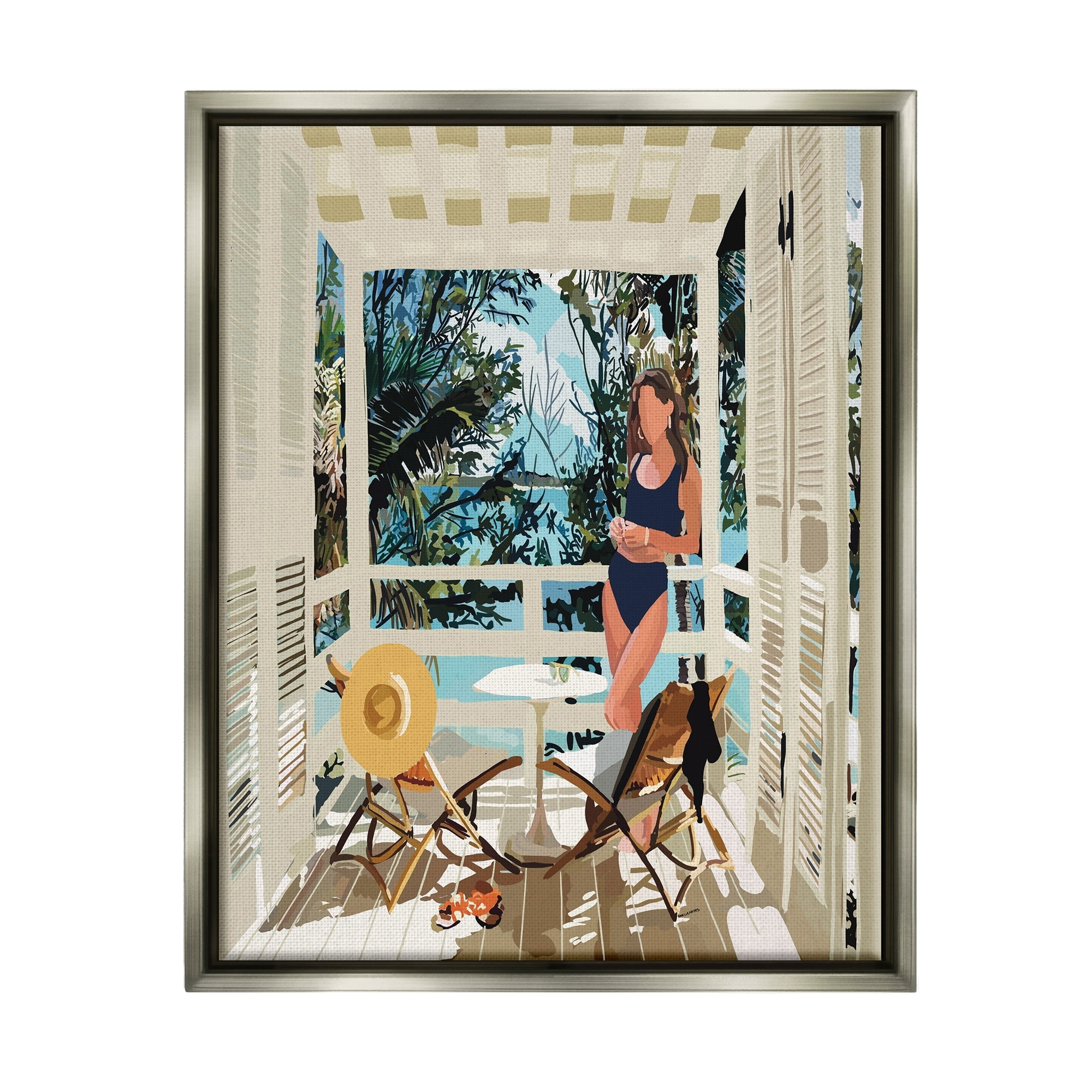 Stupell Industries Woman Coastal Beach Canopy Summer Ocean Scene Graphic Art Luster Gray Floating Framed Canvas Print Wall Art, Design by Amelia Noyes