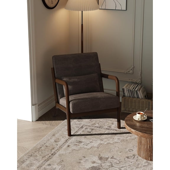 Mid-Century Modern Accent Chair, Chenille Upholstery, Solid Wood Armchair with Removable Lumbar Pillow, Sturdy Reading Chair for Living Room, Bedroom, Guest Room, Easy Assembly, Brown