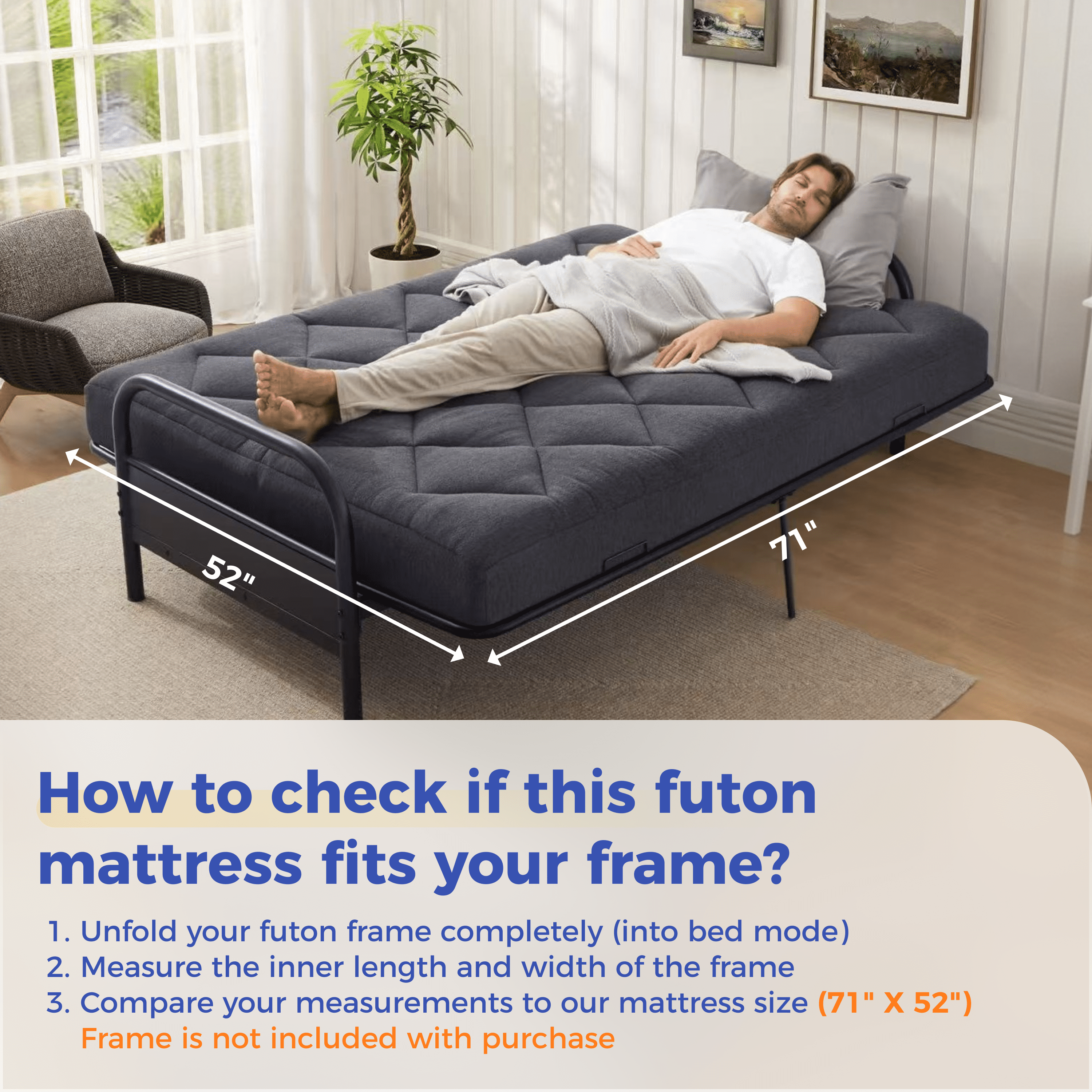 Jamdok 6" Full Size Memory Foam Futon Mattress Replacement (Frame Not Included),Futons Sofa Couch Bed with Thickened Pillowtop Cover, Floor Mattress with Two Types of Firmness, Dark Grey