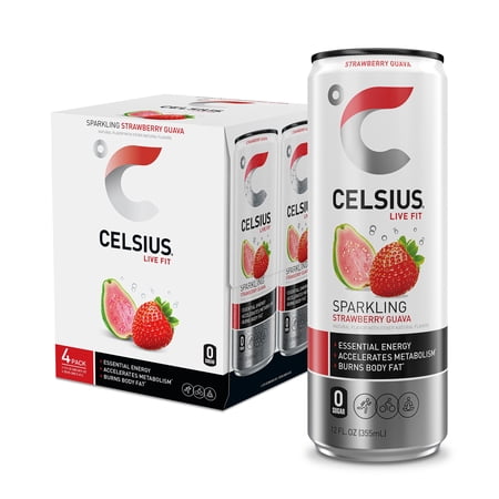CELSIUS Sparkling Strawberry Guava, Functional Energy Drink 12 fl oz (Pack of 4)