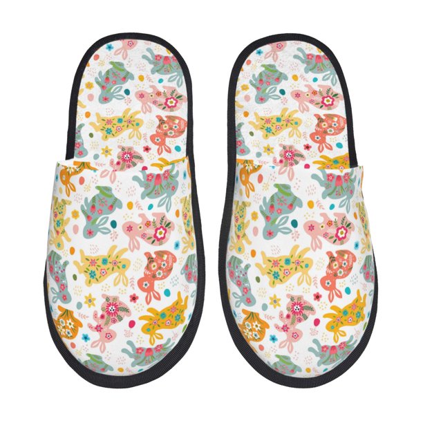 Balery Boho Bunny Pantuflas de Casa de Felpa Silenciosas con Diseño Estampado, Zapatillas Cómodas Antideslizantes de Algodón para Interior-Large