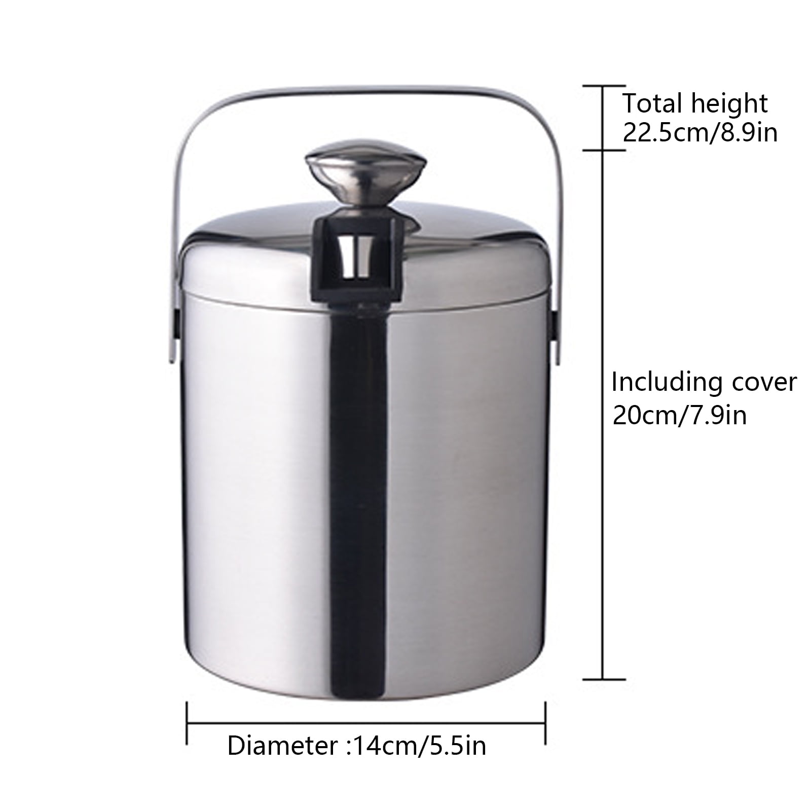Loyalheartdy 1.3L Double-Wall Insulated Ice Bucket Stainless Steel Ice Cube Beverage Container Silver w/Ice Tongs + Lid