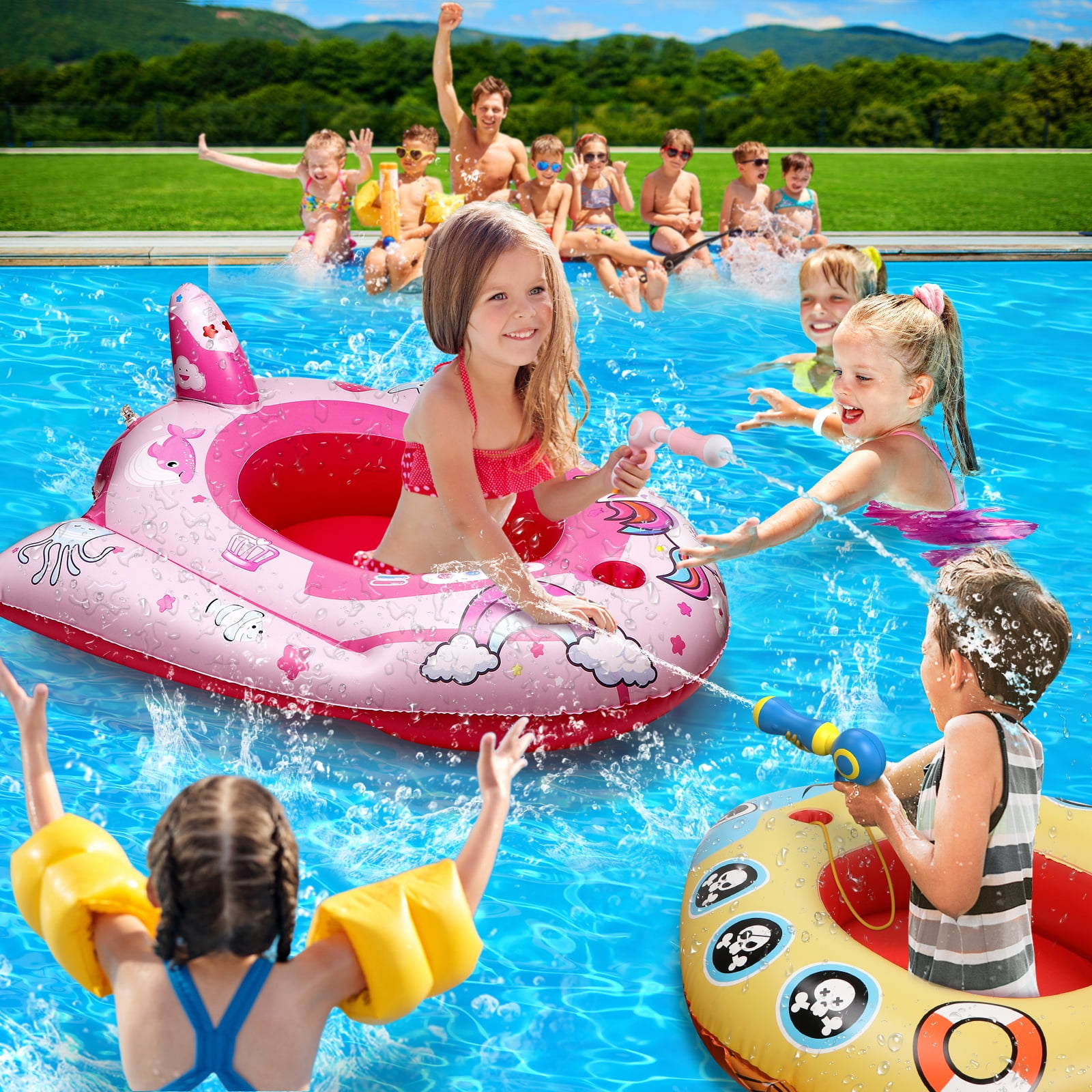 Hot Bee Kids Pool Float with Water Squirt Gun, Inflatable Pool Toys for Toddlers, Ride-on Unicorn Swimming Pool Toys, Outdoor Toys for Boys and Girls for Aged 3-8 Years