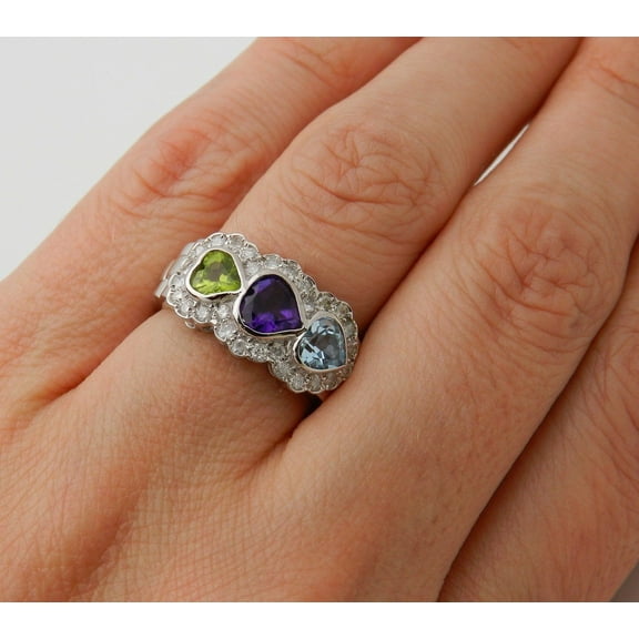 HeartsAndYou 4ct Natural Amethyst Peridot Aquamarine Engagement Ring 14k SOLID White Gold