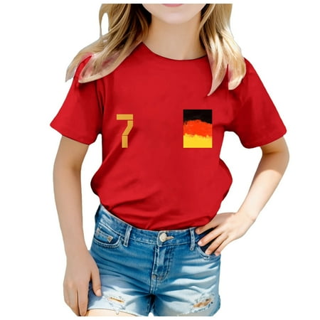 

Girls Summer Shirts Red-C 224 Children s European Cup Fashion Team Printed Short Sleeve Round Neck Top T Shirt Back To School Clothes 130