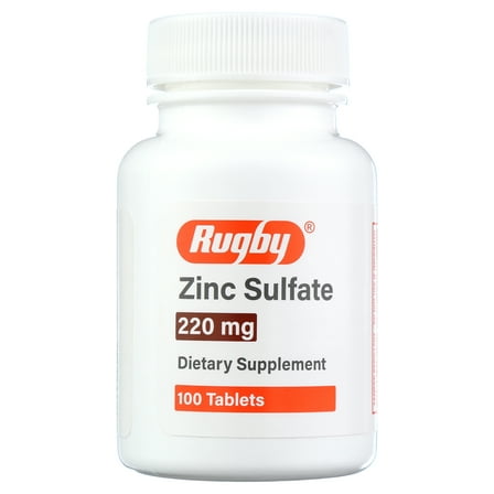 Rugby Zinc Sulfate 220 mg Tablets - Made with Zinc Sulfate Heptahydrate - Dietary Supplement - 100 Tablets