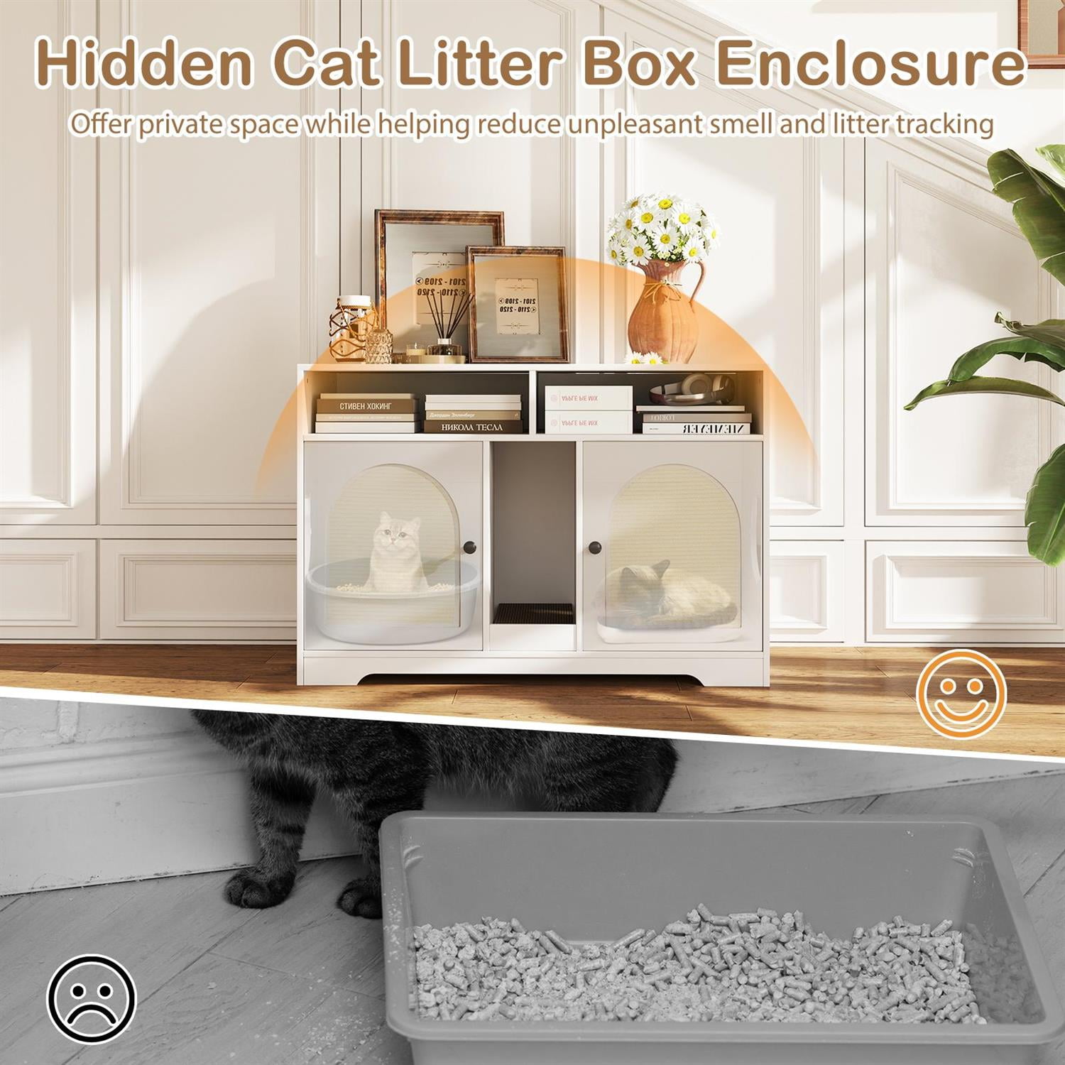 Pefilos 43" Cat Litter Box Enclosure, Double Rooms & Storage Space, Sisal Mat & Waterproof Board, White