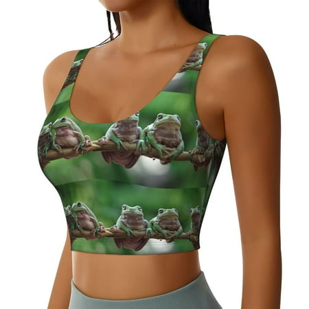JUNZAN Australian White Tree Frog Sitting on Branch Print Women s Workout Tank Tops - U Back Fitness Top with Built-In Shelf Bra  Perfect for Yoga and Gym-Large