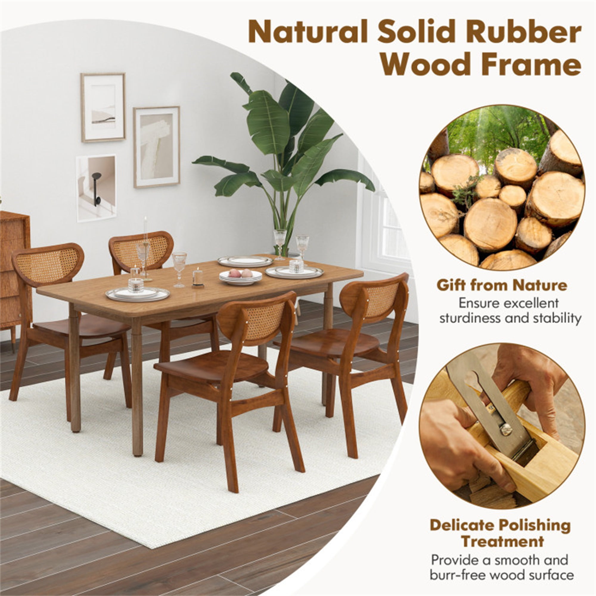 Demi Bonn Wooden Dining Chair Set of 2 with Breathable Mesh Cane Backrest, Brown